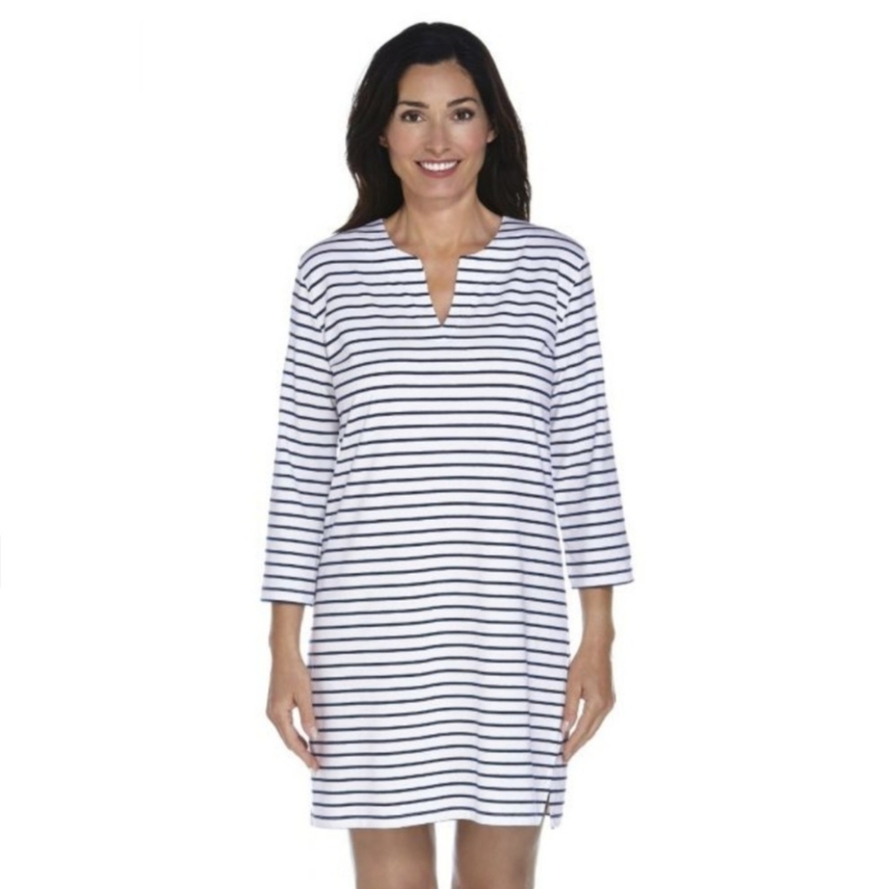 Coolibar Oceanside Tunic Dress Navy White Stripe Bamboo Stretch UPF 50 Size M.